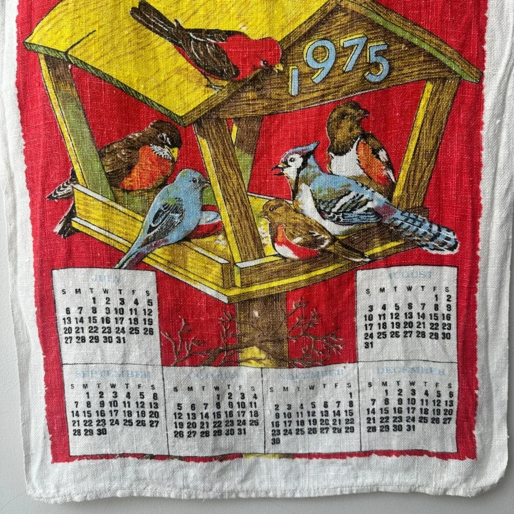 Vintage Linen Cloth 1975 Calendar Year Tea Towel Birthday Birds Birdhouse